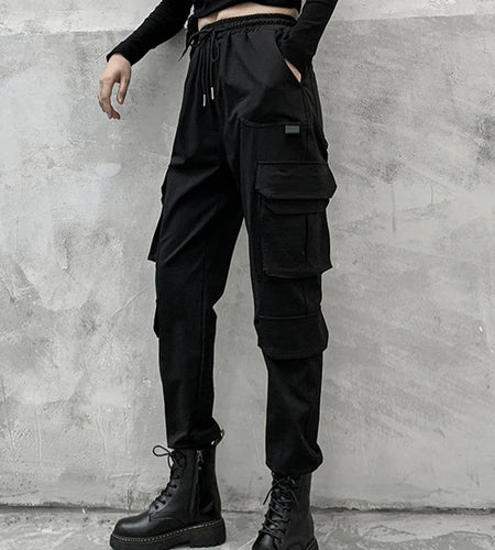 Black Pockets High Elastic Waist Long Harem Trousers New Loose Fit Pants Women Fashion Tide Spring Autumn 2025 1DD2683