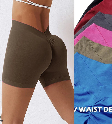 Knit Seamless V Back Yoga Shorts Women Fitness Elastic Scrunch Push Up Sports Running Workout High Waist Shorts