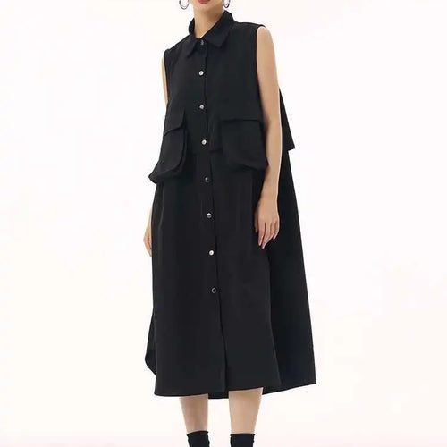 Load image into Gallery viewer, Women Black Shaped Pockets Big Size Midi Shirt Vest Dress New Lapel Sleeveless Fashion Tide Spring Autumn 2025 1DH9471
