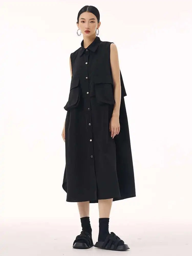 Women Black Shaped Pockets Big Size Midi Shirt Vest Dress New Lapel Sleeveless Fashion Tide Spring Autumn 2025 1DH9471