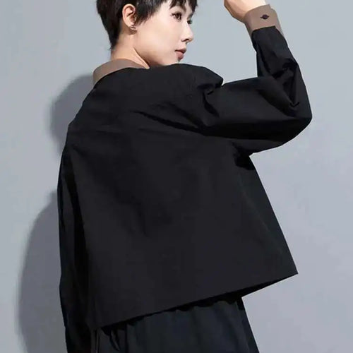 Load image into Gallery viewer, Women Black Color-block Big Size Blouse New Lapel Long Sleeve Loose Fit Shirt Fashion Tide Spring Autumn 2025 1DH0847
