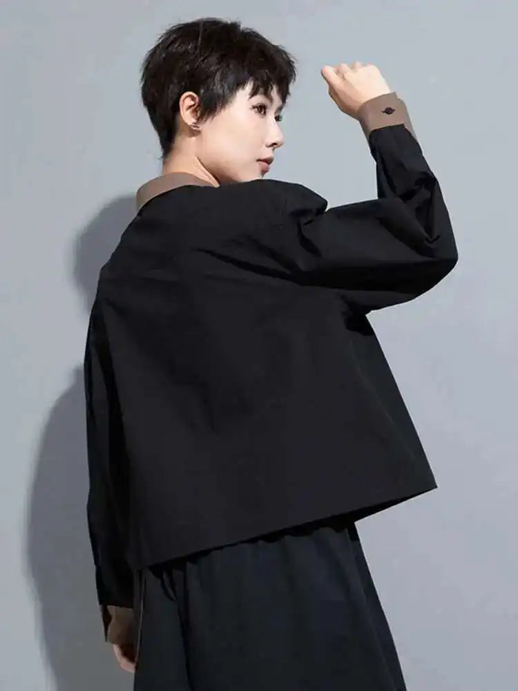 Women Black Color-block Big Size Blouse New Lapel Long Sleeve Loose Fit Shirt Fashion Tide Spring Autumn 2025 1DH0847