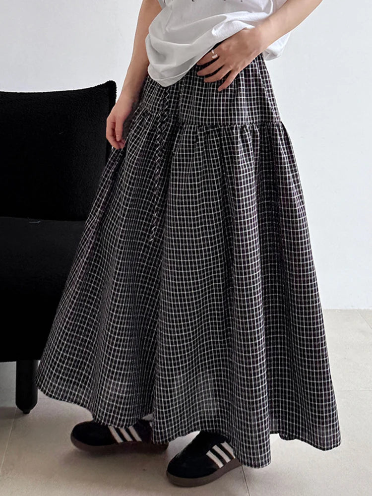 High Elastic Waist Blue Plaid Vintage Long A-line Half-body Skirt Women Fashion Tide New Spring Autumn 2025   1DJ0935