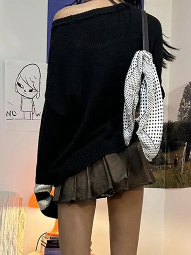 Harajuku Vintage Grunge Letter Sweaters Women Y2k Aesthetic Patchwork Slash Neck Jumpers Streetwear Casual Gothic Pullovers