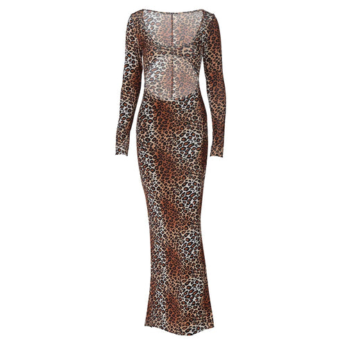 Load image into Gallery viewer, Leopard Print Long Sleeve Sexy Maxi Dress For Women Fashion Hollow Out Bodycon Printed Sexy Long Dress Elegant
