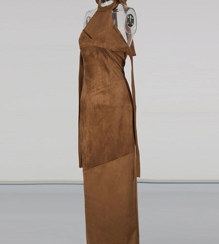 Solid Slimming Spliced Lace Up Elegant Dresses for Women Halter Sleeveless Backless Temperament Long Dress Female