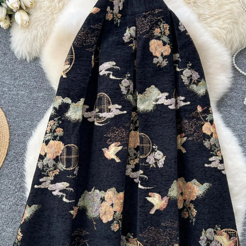 Load image into Gallery viewer, French Retro Women Fashion Bohemian Black Floral Elegant Party Long Skirt Streetwear Autumn Winter High Waist Pleated Skirt Chic
