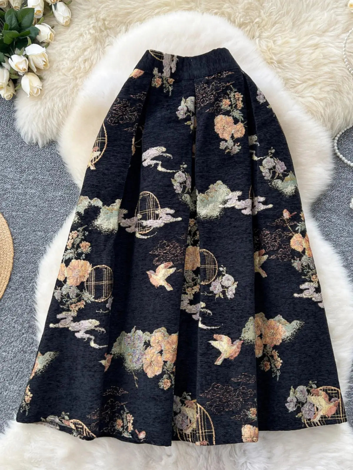 French Retro Women Fashion Bohemian Black Floral Elegant Party Long Skirt Streetwear Autumn Winter High Waist Pleated Skirt Chic