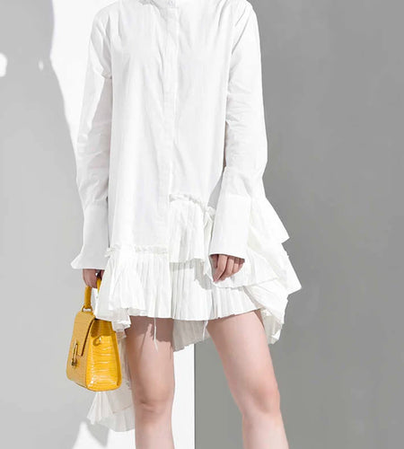 Women White Ruffles Irregular Long Blouse New Stand Collar Long Sleeve Loose Fit Shirt Fashion Spring Autumn 2025 JI82400