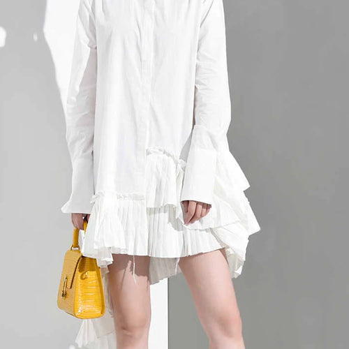 Load image into Gallery viewer, Women White Ruffles Irregular Long Blouse New Stand Collar Long Sleeve Loose Fit Shirt Fashion Spring Autumn 2025 JI82400
