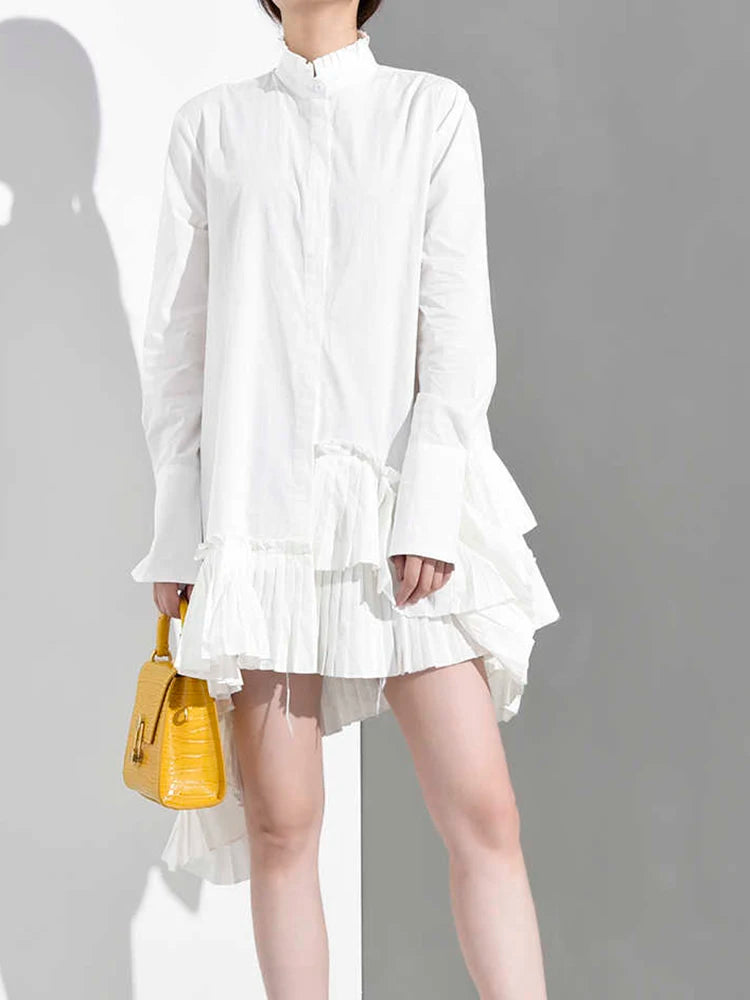 Women White Ruffles Irregular Long Blouse New Stand Collar Long Sleeve Loose Fit Shirt Fashion Spring Autumn 2025 JI82400