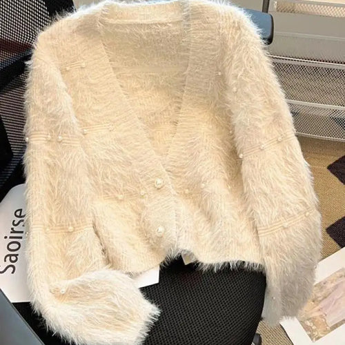 Load image into Gallery viewer, Autumn Winter Vintage Fashion 2024 New Solid Elegant Pearl Button Imitation Mink Short Sweater Women V Neck Cardigan Knit Tops
