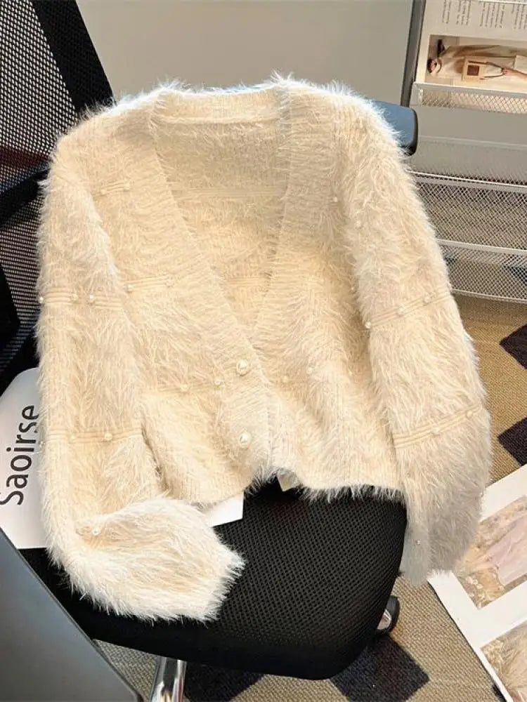 Autumn Winter Vintage Fashion 2024 New Solid Elegant Pearl Button Imitation Mink Short Sweater Women V Neck Cardigan Knit Tops