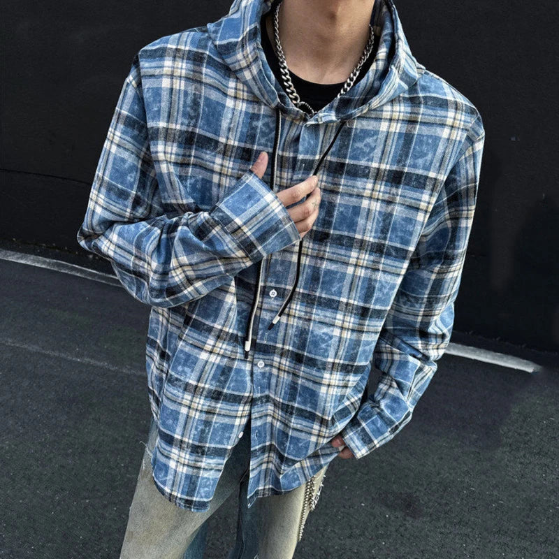 Male New Kroean Spring Men's Hooded Plaid Shirt Single Breasted Design Casual Handsome Long Sleeves Style 2025 9W1396