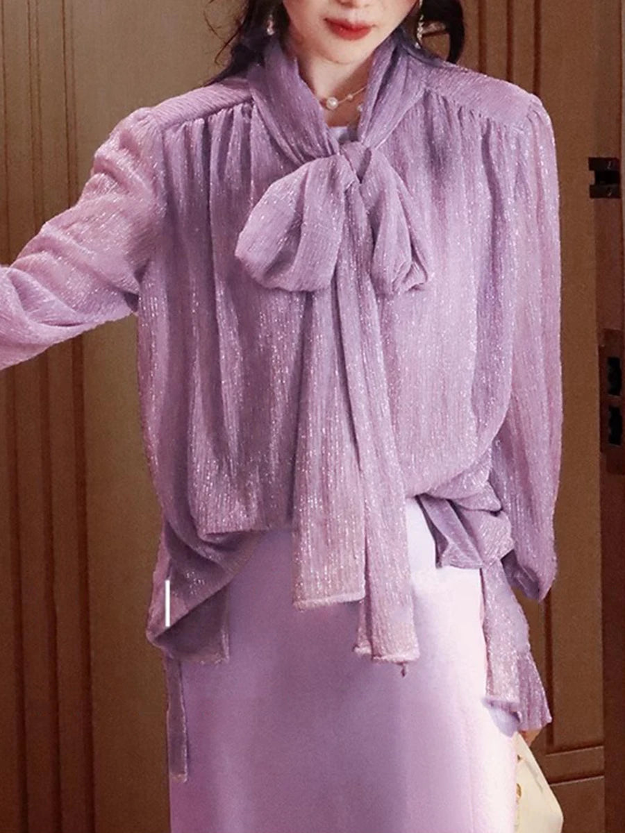 Solid Spliced Lace Up Loose Blouses For Women Scarf Collar Long Sleeve Minimalsit Shirts Female Fashion Style New