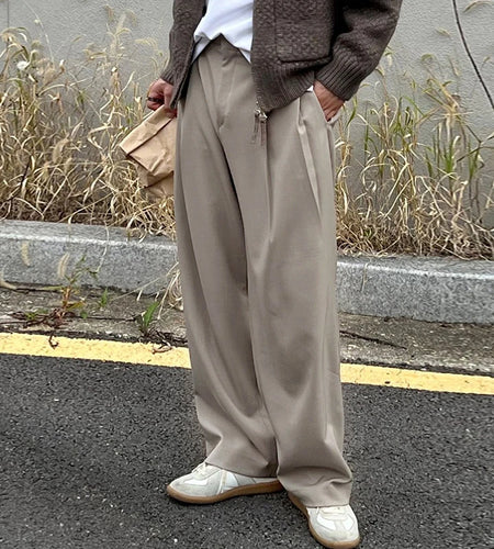 Men's Casual Pants New Korean Style Pleated Design Solid Color Stylish Male Trousers Trend 2025 Summer Loose Fitting 9W1978
