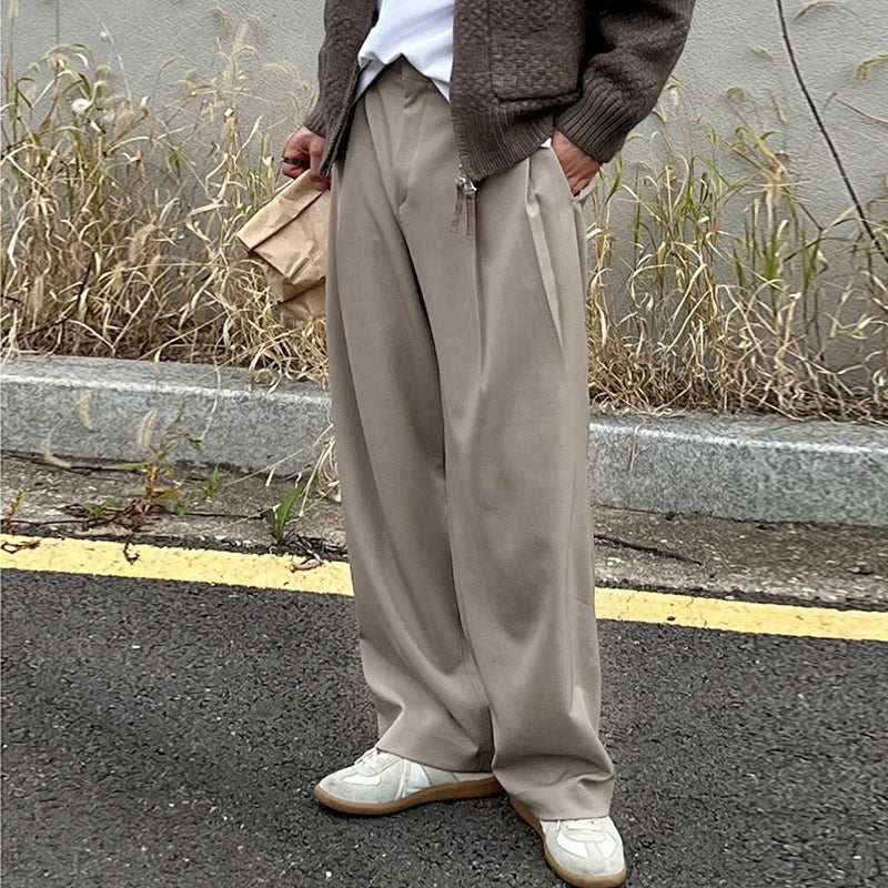 Men's Casual Pants New Korean Style Pleated Design Solid Color Stylish Male Trousers Trend 2025 Summer Loose Fitting 9W1978