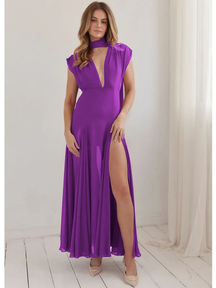 Elegant Sleeveless Bodycon Slit Party Evening Dress Women Sexy Deep V Backless Long Dress Autumn Winter Vestido 2024