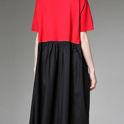 Load image into Gallery viewer, Women Black Red Color-block Big Size Knee Length Dress New Round Neck Short Sleeve Fashion Tide Spring Summer 2025 1DJ1509
