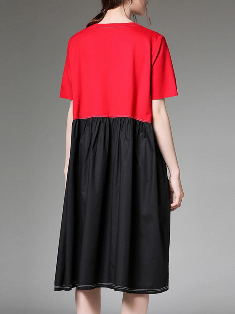 Women Black Red Color-block Big Size Knee Length Dress New Round Neck Short Sleeve Fashion Tide Spring Summer 2025 1DJ1509