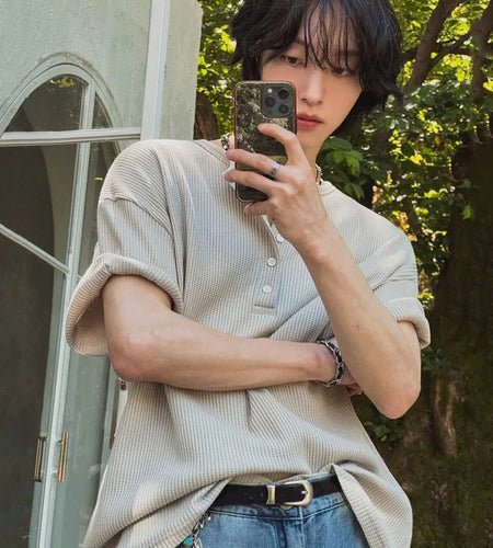 Men's Short Sleeve T-shirt New Summer Loose Solid Color T-shirts Korean V-neck Half Buttons Trendy Male Clothing 9W1616