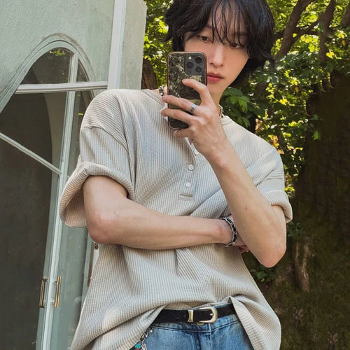 Load image into Gallery viewer, Men's Short Sleeve T-shirt New Summer Loose Solid Color T-shirts Korean V-neck Half Buttons Trendy Male Clothing 9W1616
