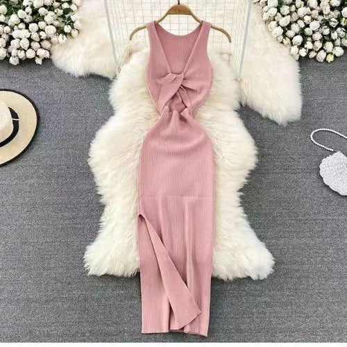 Load image into Gallery viewer, Korean Solid Knitted Split Long Dress Summer Women V Neck Sleeveless Kink Sexy Club Slim Bodycon Wrapped Hip Dress Vestidos Chic
