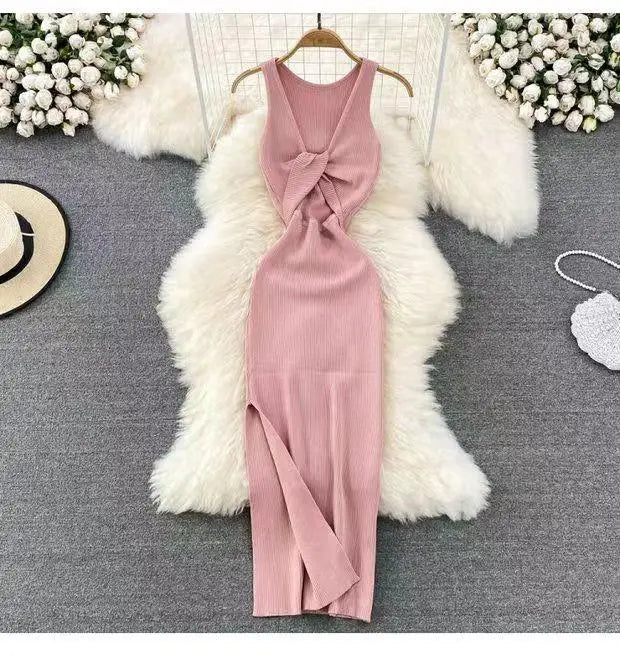 Fashion Women's Solid V Neck Elegant Sexy Club Slim Vest Long Dress Summer Vacation Backless Sleeveless Split Knitted Dress Chic