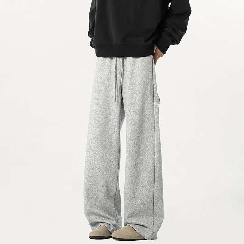 Men's Sweatpants New Korean Solid Color Stylish Casual Straight Leg Male Trousers Elastic Waist Design Bottoms 9W1646