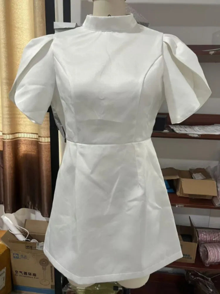 Elegant Short Sleeved Satin Slim Fit Backless  Hollow Out Bow Mini Dress For Women's Fashionable Street Party Clothing