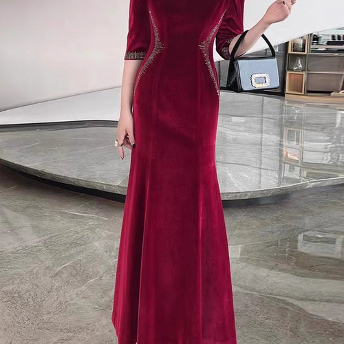 Load image into Gallery viewer, Solid Spliced Diamonds Slimming Dresses For Women O Neck Long Sleeve High Waist Temperament Dress Female Clothes
