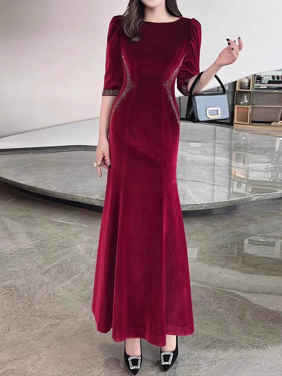 Solid Spliced Diamonds Slimming Dresses For Women O Neck Long Sleeve High Waist Temperament Dress Female Clothes