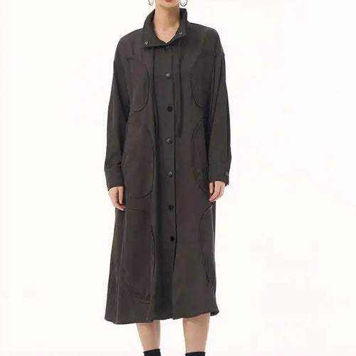 Load image into Gallery viewer, Women Army Green Patch Drawstring Big Size Midi Dress New Stand Collar Long Sleeve Fashion Tide Spring Autumn 2025 1DH9211
