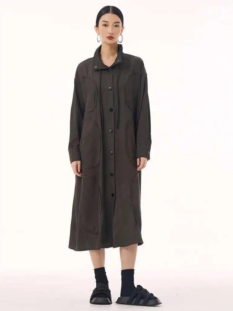 Women Army Green Patch Drawstring Big Size Midi Dress New Stand Collar Long Sleeve Fashion Tide Spring Autumn 2025 1DH9211