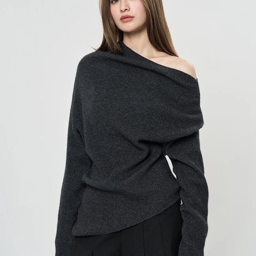 Load image into Gallery viewer, 42% Wool Elegant Knitting Sweater Skew Collar Long Sleeve Women Pullovers New Fashion Tide Spring Autumn 2025 1DH9240
