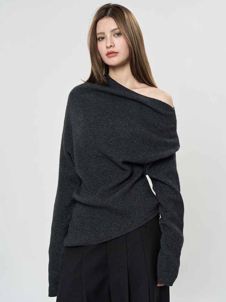 42% Wool Elegant Knitting Sweater Skew Collar Long Sleeve Women Pullovers New Fashion Tide Spring Autumn 2025 1DH9240