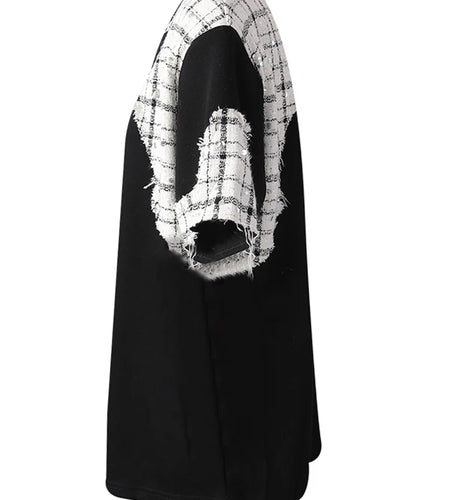 Women Black Tweed Color-block Spliced Big Size T-shirt New Round Neck Short Sleeve Fashion Tide Spring Summer 2025 CPG3061