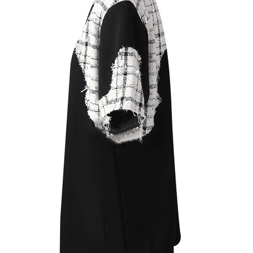 Load image into Gallery viewer, Women Black Tweed Color-block Spliced Big Size T-shirt New Round Neck Short Sleeve Fashion Tide Spring Summer 2025 CPG3061
