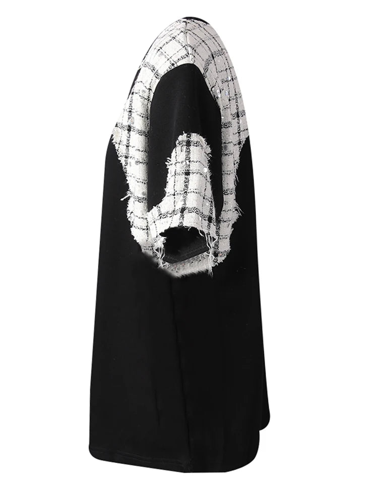 Women Black Tweed Color-block Spliced Big Size T-shirt New Round Neck Short Sleeve Fashion Tide Spring Summer 2025 CPG3061