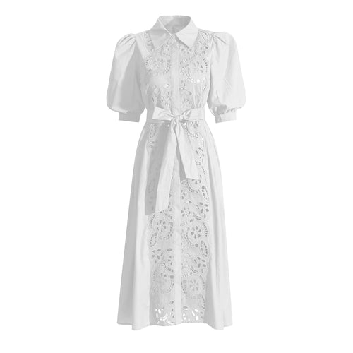 Load image into Gallery viewer, Spliced Lace Up Dresses For Women Lapel Short Sleeve High Waist Embroidery A Line Dress Female Fashion Clothing
