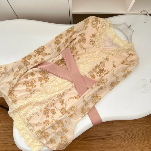 Load image into Gallery viewer, Korean Women New Black Patchwork Lace V Neck Long Sleeve Bandage Dress Autumn Yellow Print Elegant Sexy Party Short Dress Trendy
