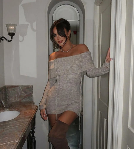 Autumn Off The Shoulder Knitted Dress 2024 New Black Sexy Bodycon Birthday Party Dresses Short Halter Knitted Dress