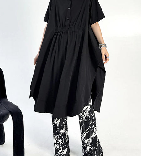 Women Black Side Slit Irregular Big Size Midi Shirt Dress New Lapel Short Sleeve Fashion Tide Spring Summer 2025 1DJ1121