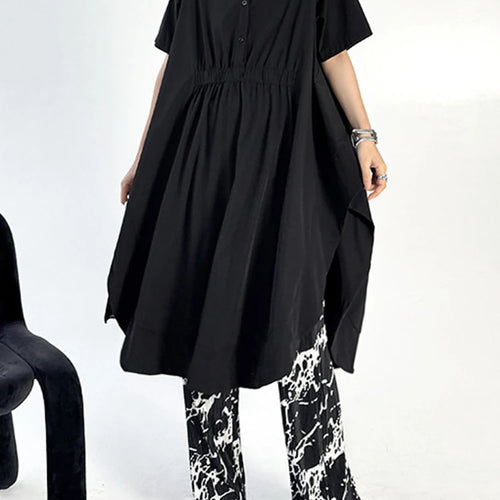Load image into Gallery viewer, Women Black Side Slit Irregular Big Size Midi Shirt Dress New Lapel Short Sleeve Fashion Tide Spring Summer 2025 1DJ1121
