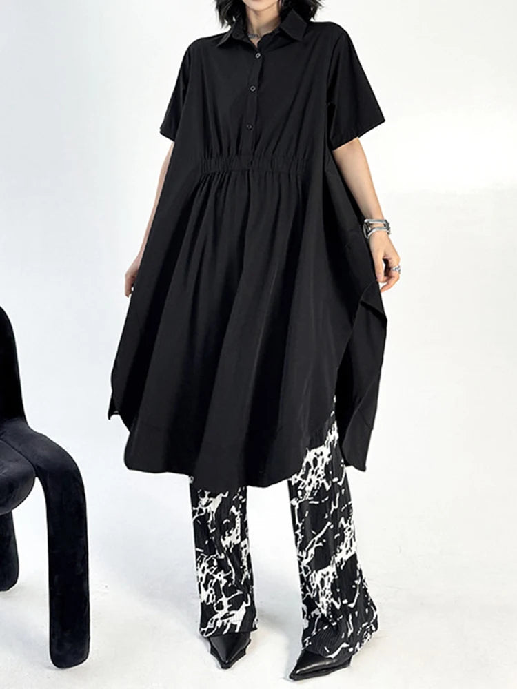 Women Black Side Slit Irregular Big Size Midi Shirt Dress New Lapel Short Sleeve Fashion Tide Spring Summer 2025 1DJ1121