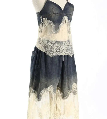 Denim Lace Elegant Tank Top Wide Leg Shorts Two Piece Suit New V-Neck Women Fashion Tide Spring Summer 2025 7AB4274