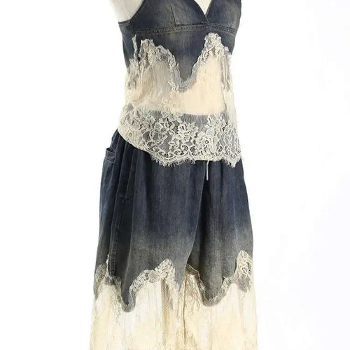 Load image into Gallery viewer, Denim Lace Elegant Tank Top Wide Leg Shorts Two Piece Suit New V-Neck Women Fashion Tide Spring Summer 2025 7AB4274
