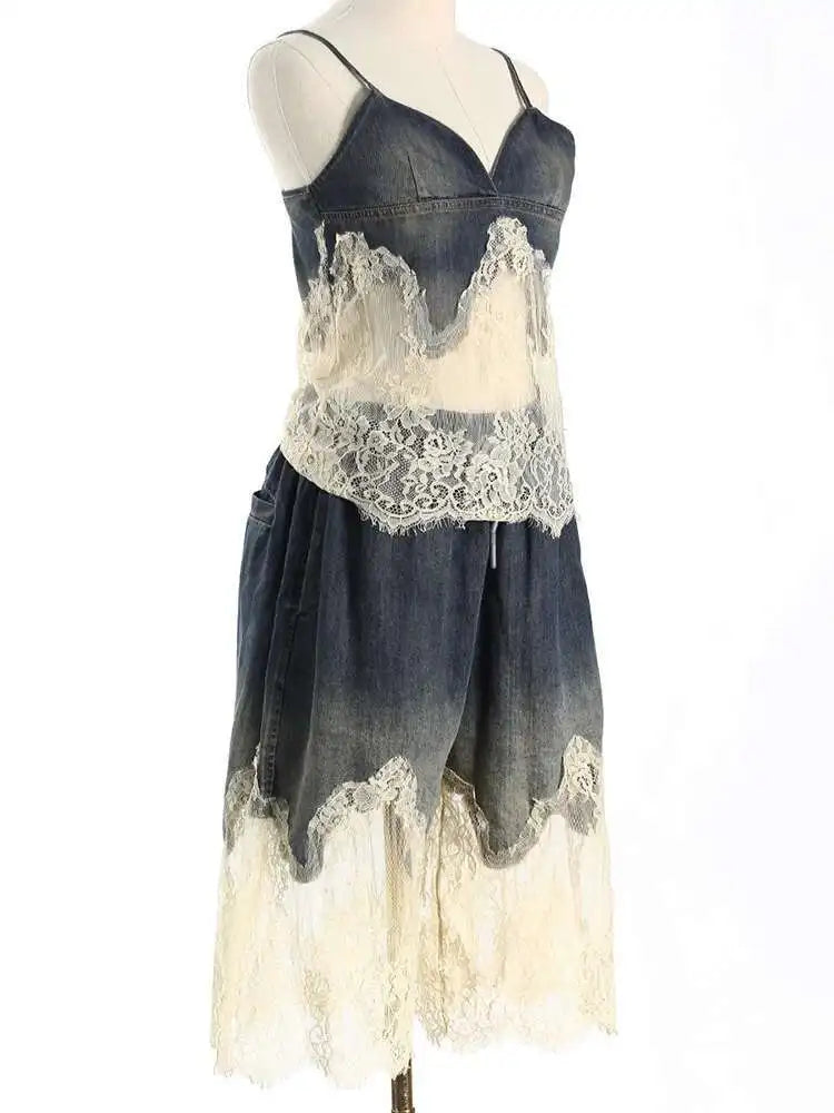 Denim Lace Elegant Tank Top Wide Leg Shorts Two Piece Suit New V-Neck Women Fashion Tide Spring Summer 2025 7AB4274