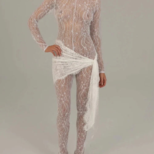 Load image into Gallery viewer, Sexy Lace Long Sleeve Lace Up Jumpsuit Women Transparent Slim Fit Ribbon Jumpsuit Female Nightclub Party Clothing Autumn
