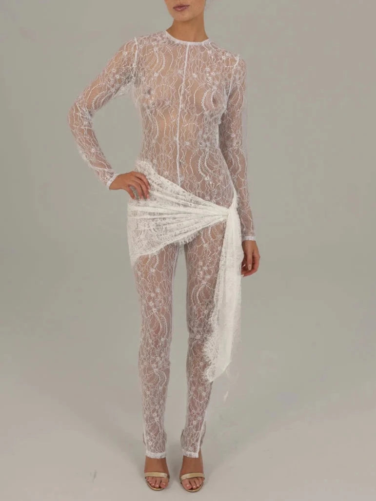 Sexy Lace Long Sleeve Lace Up Jumpsuit Women Transparent Slim Fit Ribbon Jumpsuit Female Nightclub Party Clothing Autumn